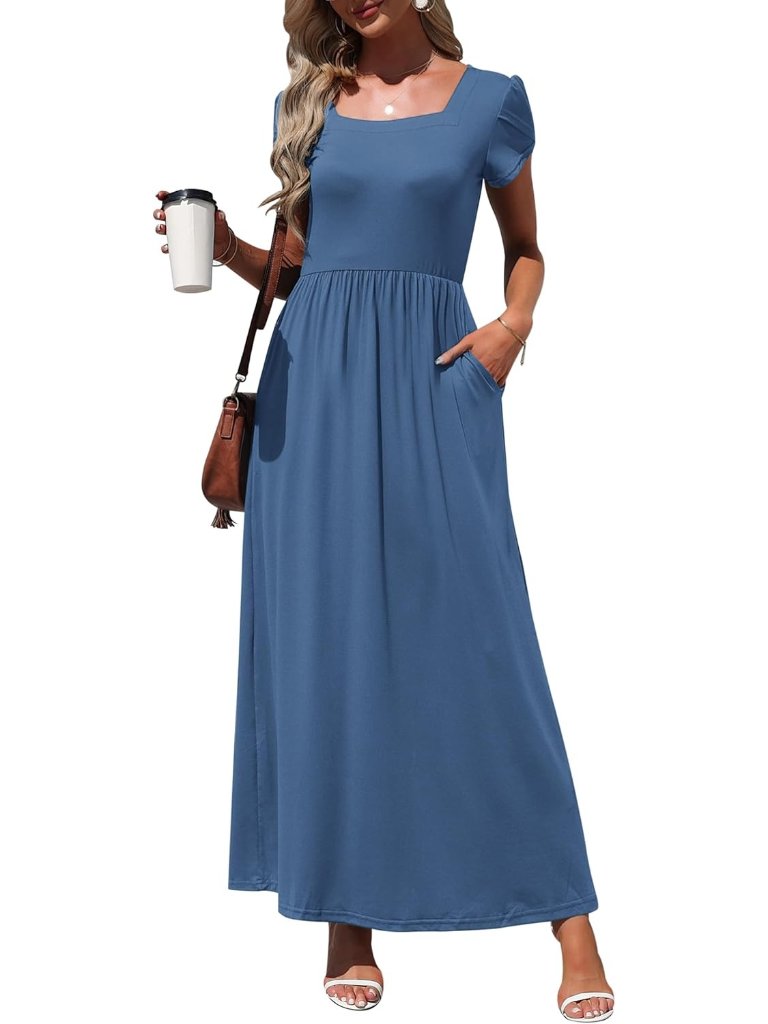 Women's Beja Blue Square Neck Maxi Dress Petal Short Sleeve Casual Long Dress